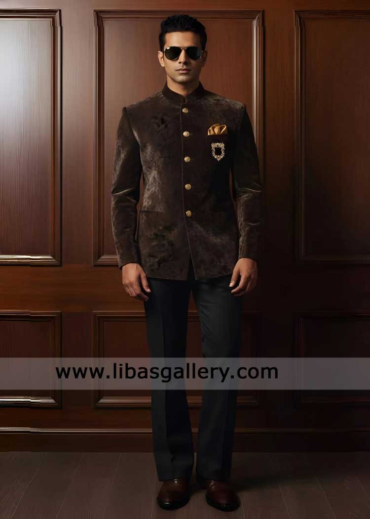 Velvet brown luxury Prince Coat with pants for celebrations | formal suit